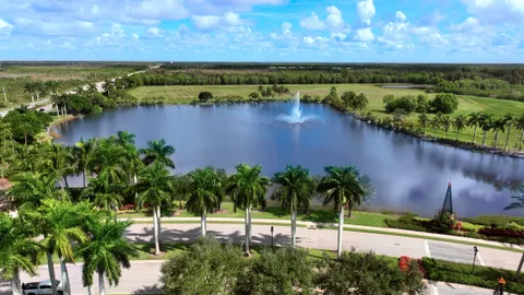 Aerial of a community lake and clubhouse grounds lined with palms