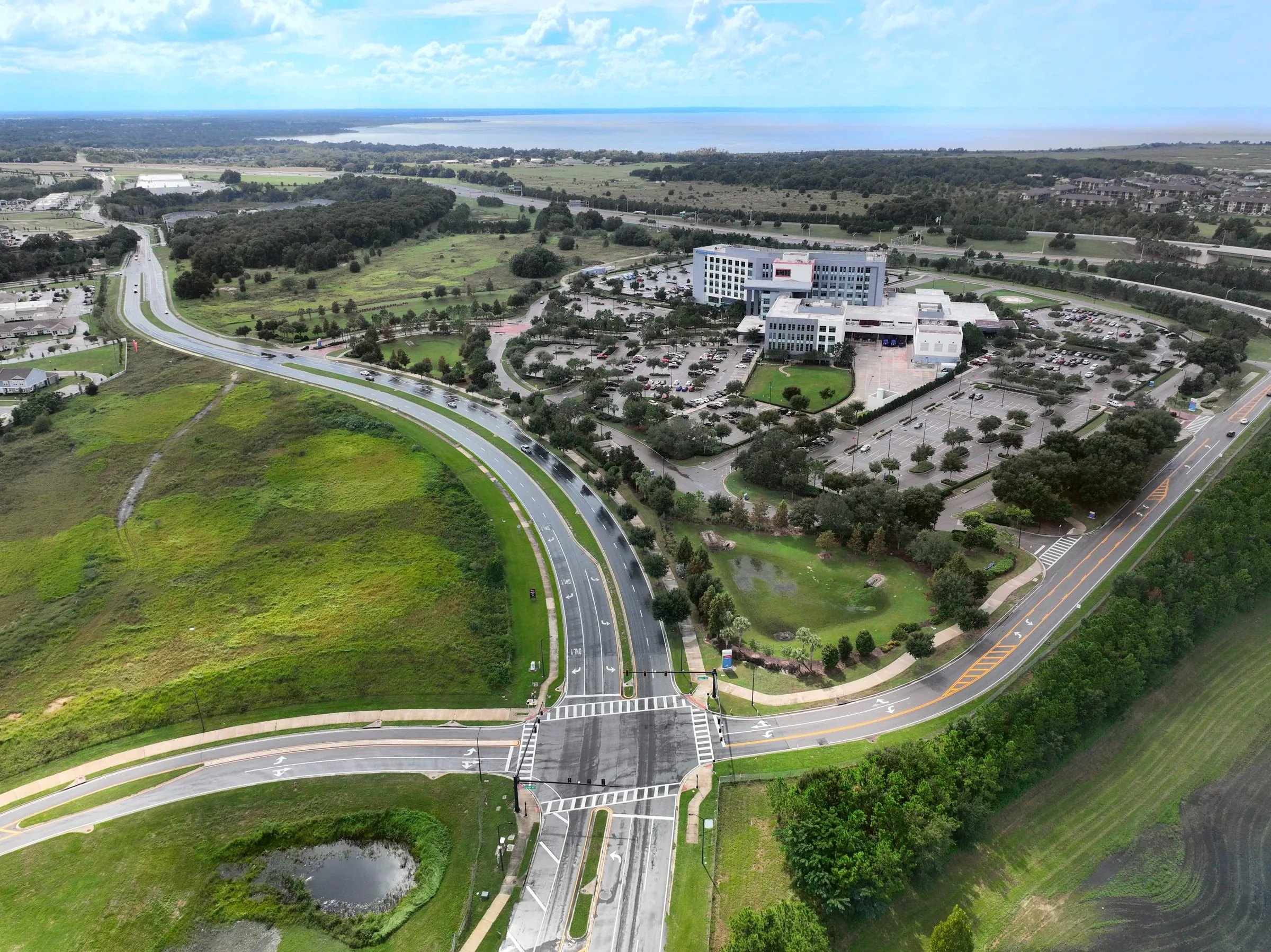 Aerial of Ocoee Apopka Road and a medical campus in west Orange County, near Orlando