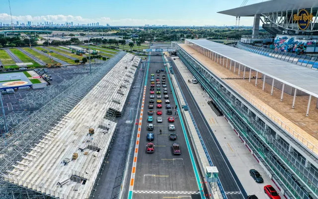 Aerial of the Miami Grand Prix at Hard Rock Stadium with the downtown Miami skyline