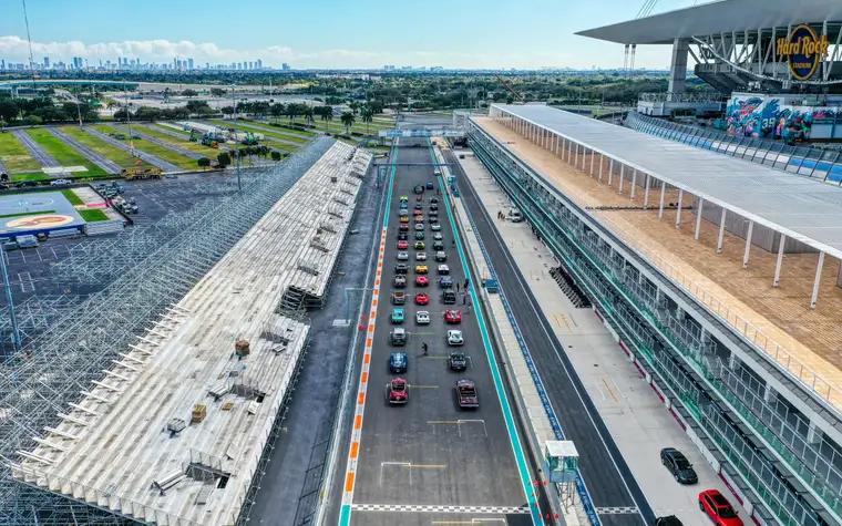 Miami Grand Prix grid and Hard Rock Stadium with the Miami skyline behind