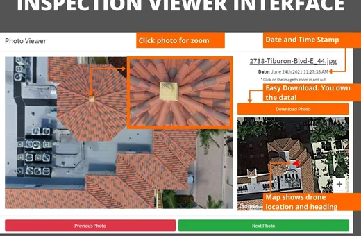 Inspection Viewer showing dated roof imagery pinned on an aerial image