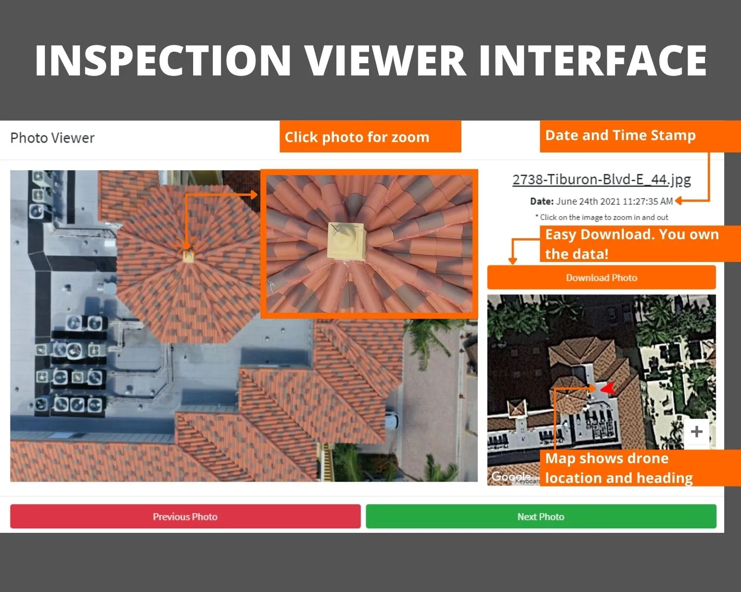 Inspection Viewer showing an annotated roof close-up with callouts for date and time stamp, zoom on click, download, and the drone location on a map.