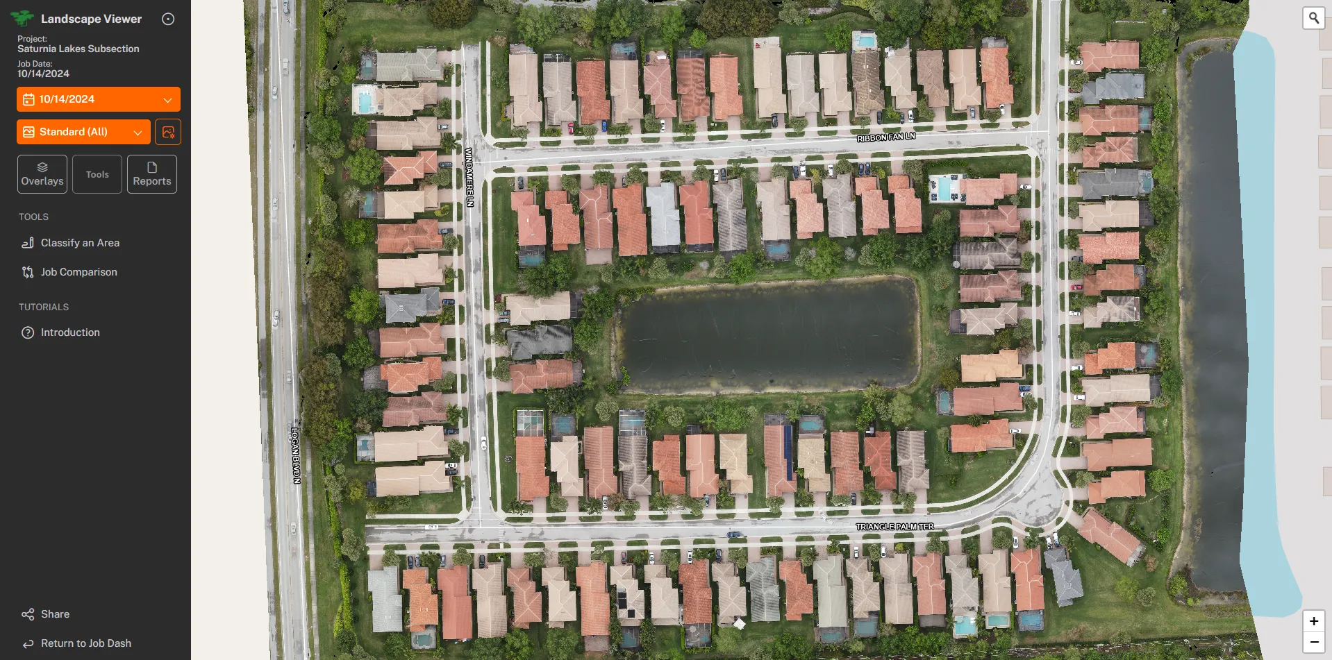Landscape Viewer showing the Saturnia Lakes community aerial with the grounds sidebar