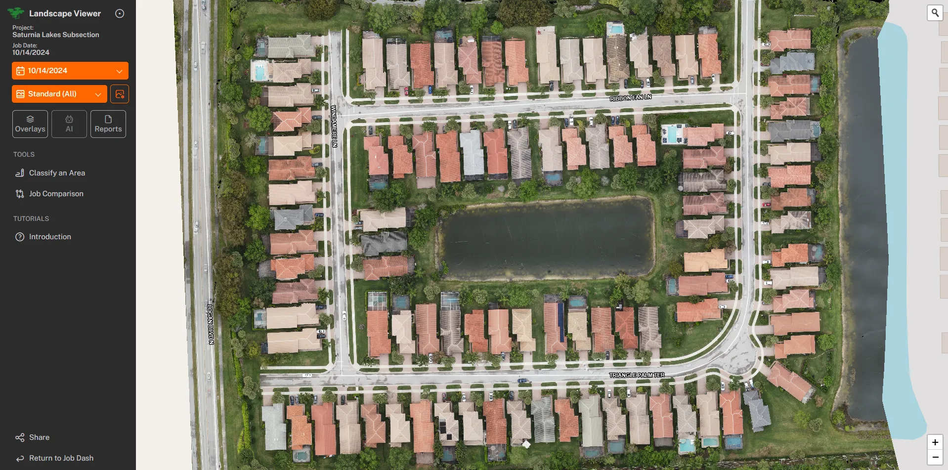 Landscape Viewer showing the Saturnia Lakes community aerial with the grounds sidebar