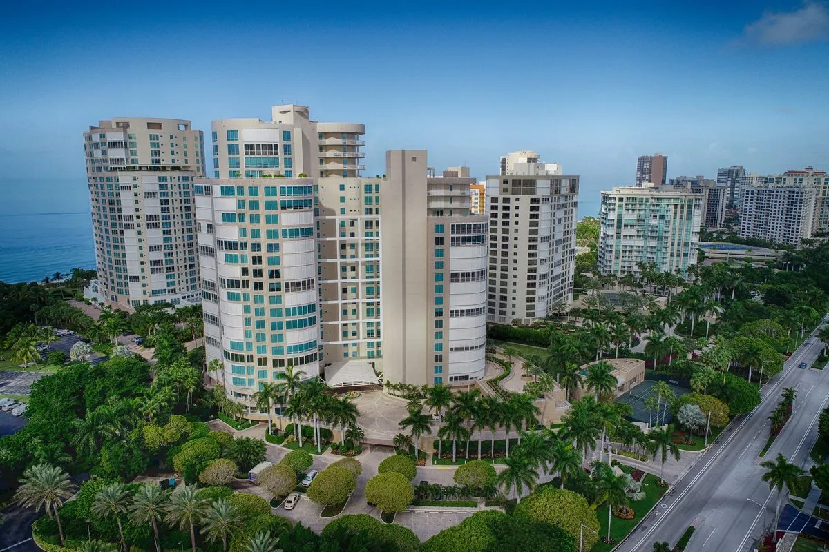 Aerial view of Gulf Shore high-rise condominiums along the Naples, Florida coastline