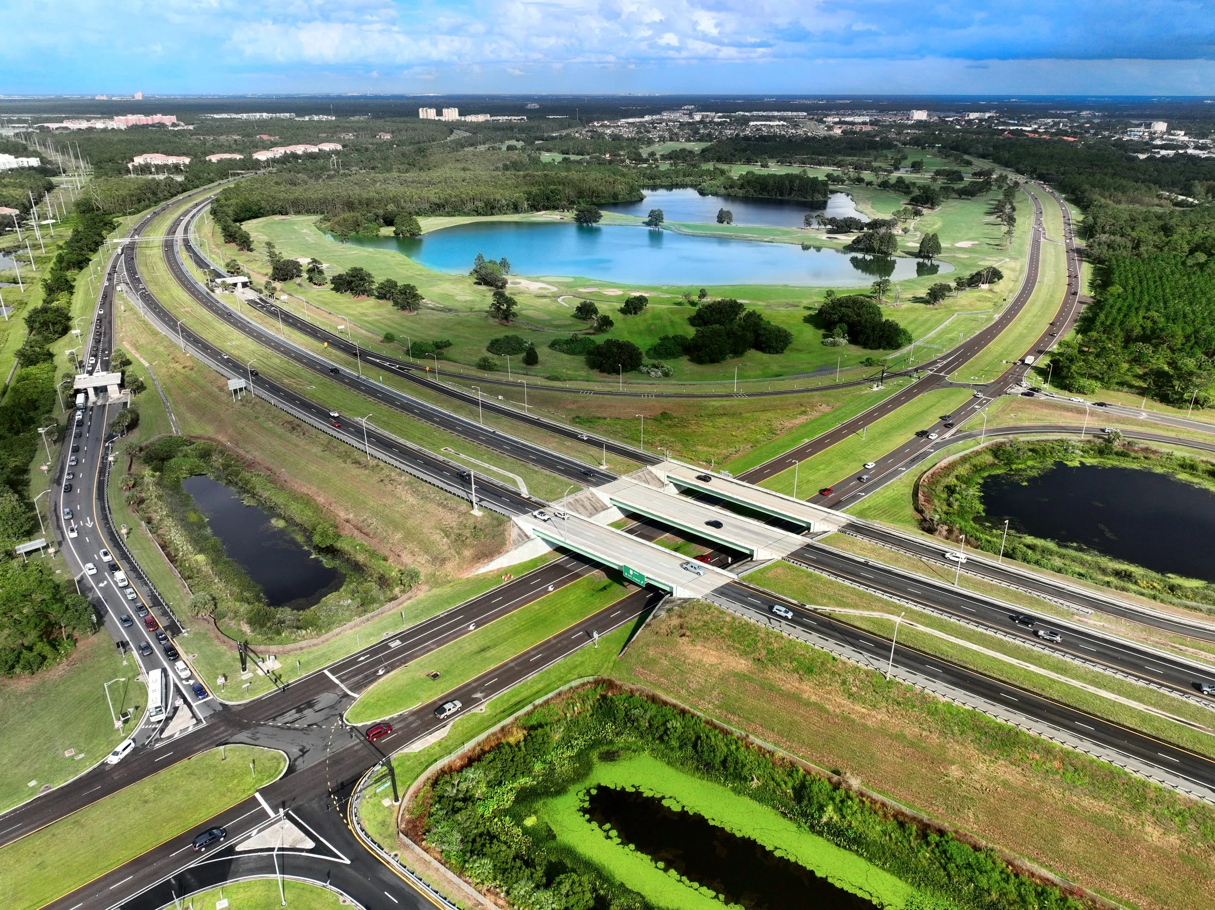 Aerial of the SR 417 interchange near Celebration, Florida, with retention ponds and frontage roads