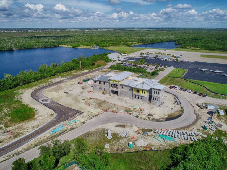 Progress photography of the Marco Island Airport. The Building construction is almost complete.