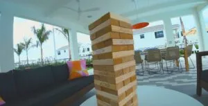 Captivating interior view showcasing a wooden block tower captured for FPV Drone Videos